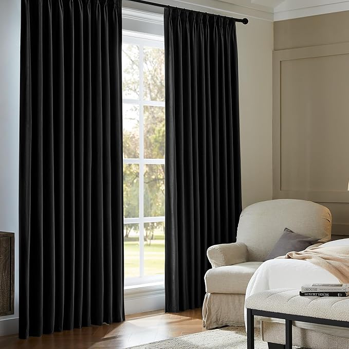 Pinch Pleated 100% Blackout Curtains for Bedroom, Black Velvet Curtains for Living Room, Black Out Curtain 84 inch Long Room Darkening, Blackout Pinch Pleat Drapes with Hooks 2 Panels
