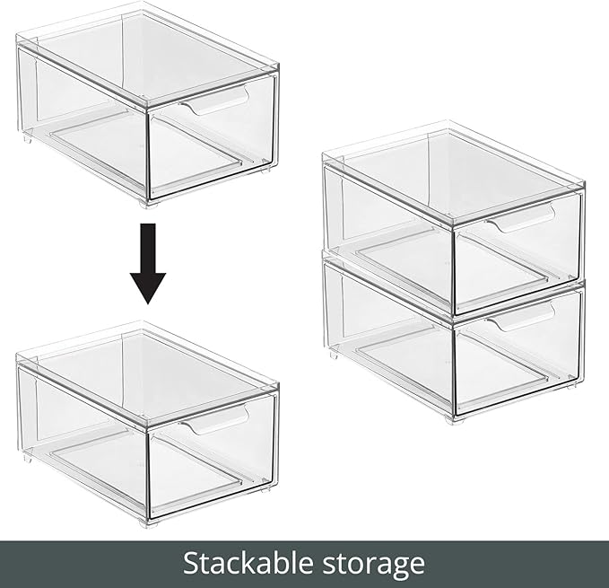 mDesign Plastic Bathroom Organizer Bin w/Pull Out Drawer - Slim Stackable Storage Container for Bathroom Accessories - Perfect for Organizing Bathroom Cabinet - Lumiere Collection - 4 Pack - Clear