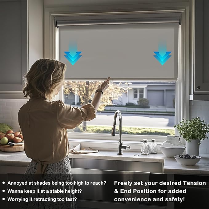 HESTIA No Drill Cordless Blackout Roller Shades Screwless Waterproof Shower Window Blinds, Auto-Retraction Easy Install Blind for Bathroom/Kitchen/Office/Exterior, Grey, 28.5" W x 72" H