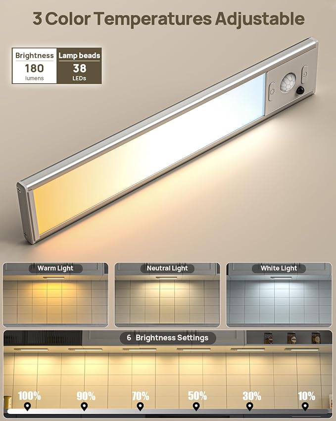 Under Cabinet Lighting with Remote Control,USB Rechargeable 180 Lumen Motion Sensor Light Indoor,Magnetic Wireless Under Counter Light,3 Color Dimmable Closet Lights for Kitchen, Pantry, Stair, 6 Pack
