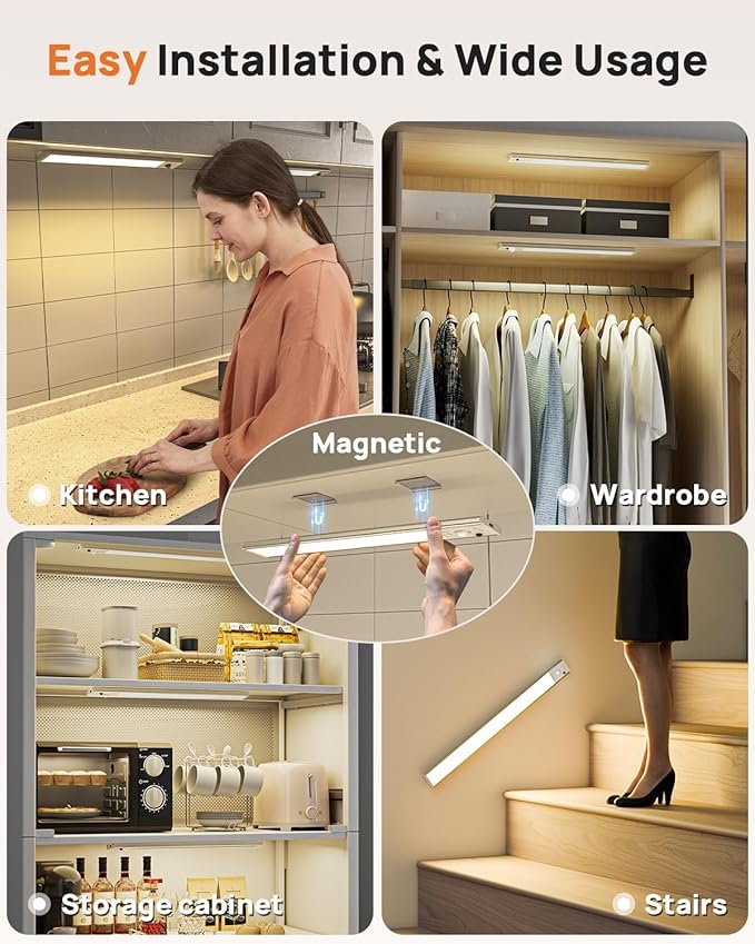 Under Cabinet Lights, 80 LED Motion Sensor Light Indoor,4000mAh USB Rechargeable Closet Light with Remote Control,3 Color Temps Wireless Under Counter Lights for Bedroom,Kitchen,Stairs,4 Pack