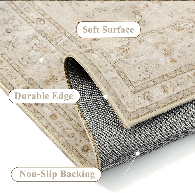 Brown 2x3 Area Rug Washable Vintage Small Carpet for Entryway Kitchen Soft Retro Floral Low Pile Thin Door Mat Non Slip Central Medallion Throw Rug for Bathroom Office Bedroom Dining Room