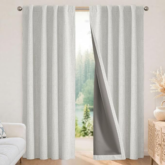 Joydeco Blackout Curtains for Bedroom - 84 Inch Long 100% Light Blocking 2 Panels Set White Drapes, Thermal Insulated Room Darkening Curtains, Linen Textured for Living Room, Rod Pocket & Back Tabs