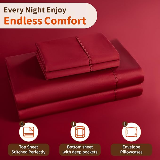 LBRO2M 1000 Thread Count 100% Egyptian Cotton Sheets Set Twin XL, 3 Piece Sets Bed Sheet Deep Pocket Sheet Set 16" Soft Comfortable All Season (Twin XL, Burgundy)