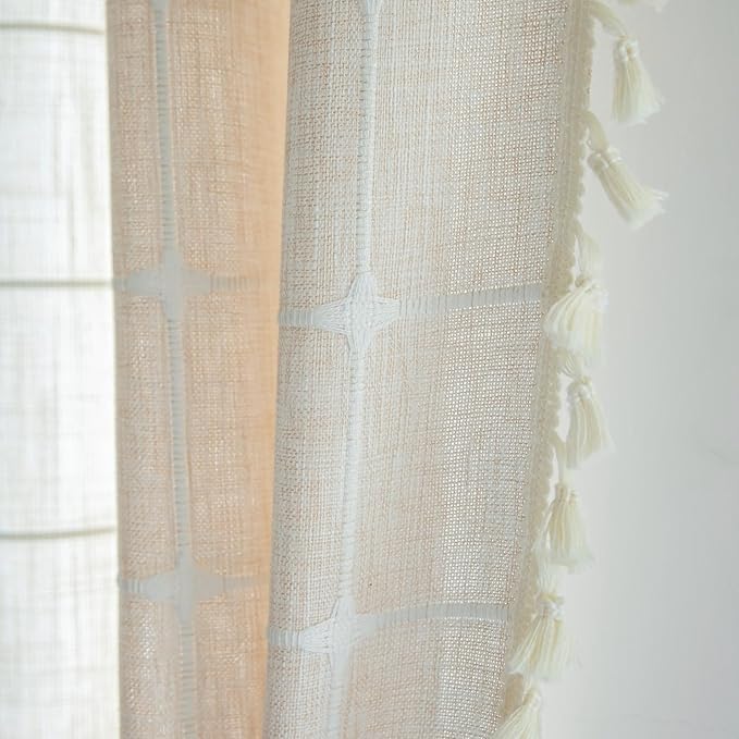 Sutuo Home Boho Curtains for Kitchen Kid's Room 72 Inch Length,Bohemian Farmhouse Vintage Chic Beige Tassels Linen Light Filtering Window Treatment Drape, 1 Panel 52" W x 72" L, Light Coffee Plaids