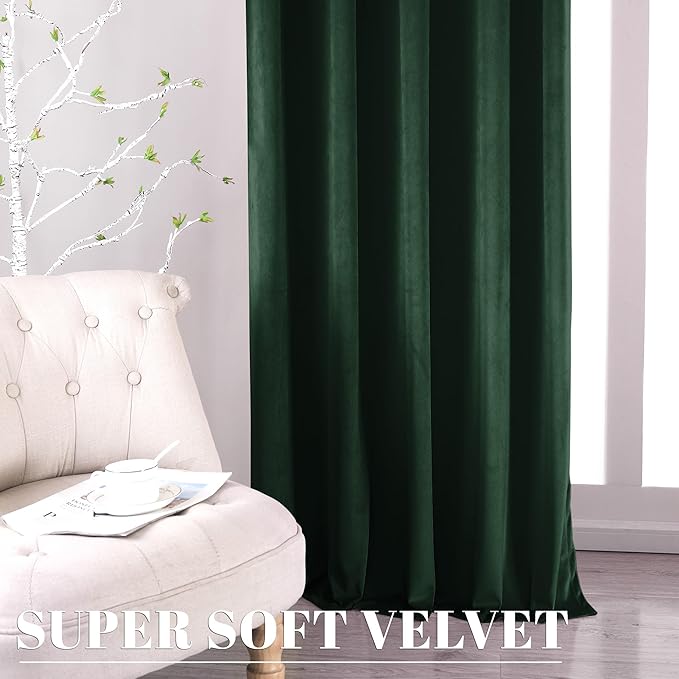 nanbowang Dark Green Velvet Curtains - 42 Inches Width 63 Inches Long Soft Curtain Rod Pocket Thermal Insulated Window Treatment for Bedroom 2 Panels