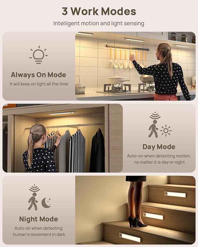 Under Cabinet Lights Wireless,Motion Sensor Light Indoor with Remote Control,2500mAh LED Rechargeable Battery Operated Closet Light,3 Color Temps,Under Counter Lights for Kitchen,Stairs,4 Pack