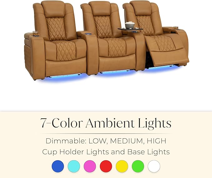 Seatcraft Diamante Zero-Gravity CoolZero Italian Leather Home Theater Seating, Power Headrest, Power Recline, Row of 3 Sofa, Tan Oak