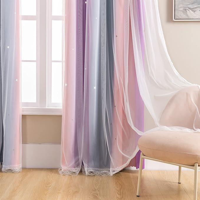 XiDi Curtains for Bedroom Decor, Rainbow GreyPinkPu-34-54