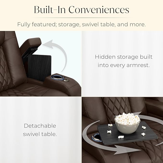 Seatcraft Diamante Zero-Gravity CoolZero Italian Leather Home Theater Seating, Power Headrest, Power Recline, Row of 5 Left Loveseat, Brown