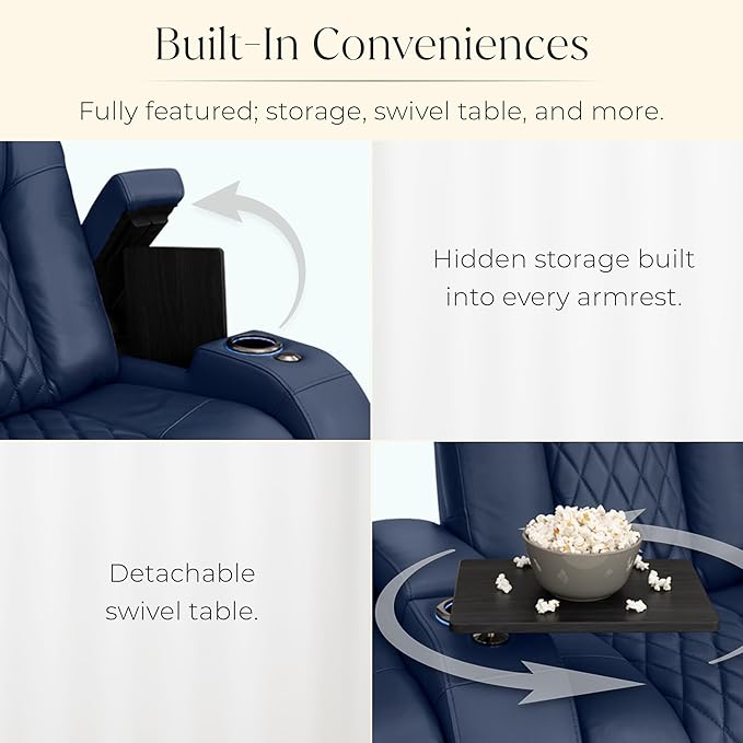 Seatcraft Diamante Zero-Gravity CoolZero Italian Leather Home Theater Seating, Power Headrest, Power Recline, Row of 4 Sofa, Navy Blue