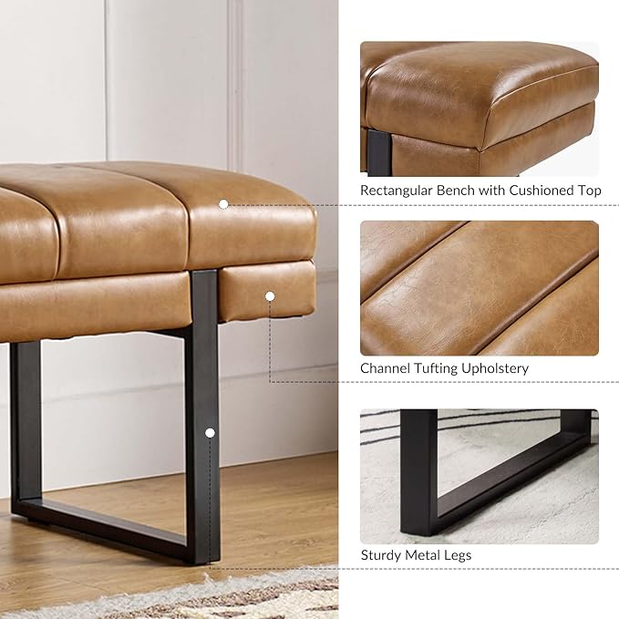 HULALA HOME 53" Faux Leather Entryway Bench, Button Tufted End of Bed Bench Ottoman for Bedroom, Living Room with Metal Base,Camel
