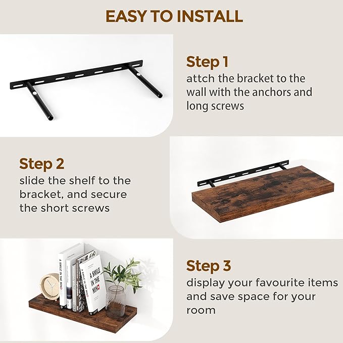 Floating Shelves for Wall, 48 x 9.3 Large Floating Shelf Wall Mounted Set of 2, Rustic Wood Shelves for Bathroom, Kitchen, Living, Heavy-Duty Storage Deep Shelf for Books, Decor, Rustic Brown