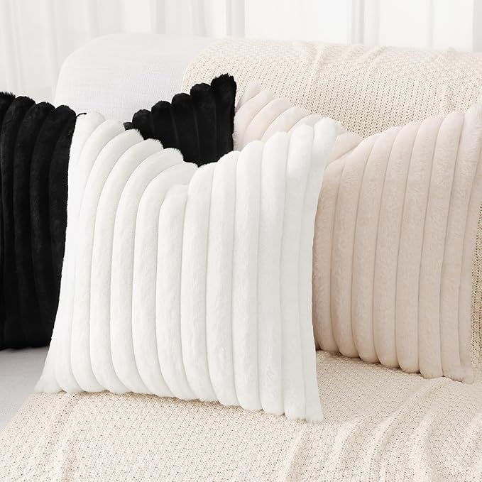 decorUhome Faux Fur Spring Throw Pillow Covers 26x26 Set of 2, Decorative Soft Plush Striped Neutral Couch Euro Sham Pillow Covers with Velvet Back for Sofa, Bed, Living Room Home, Black