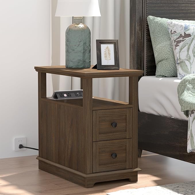 HIFYOBRO Narrow End Table with Flip Top Charging Station Set of 2, Side Table with 2 Drawers, Type-C & USB Port & Power outlets, Wooden Storage Cabinet for Living Room and Bedroom