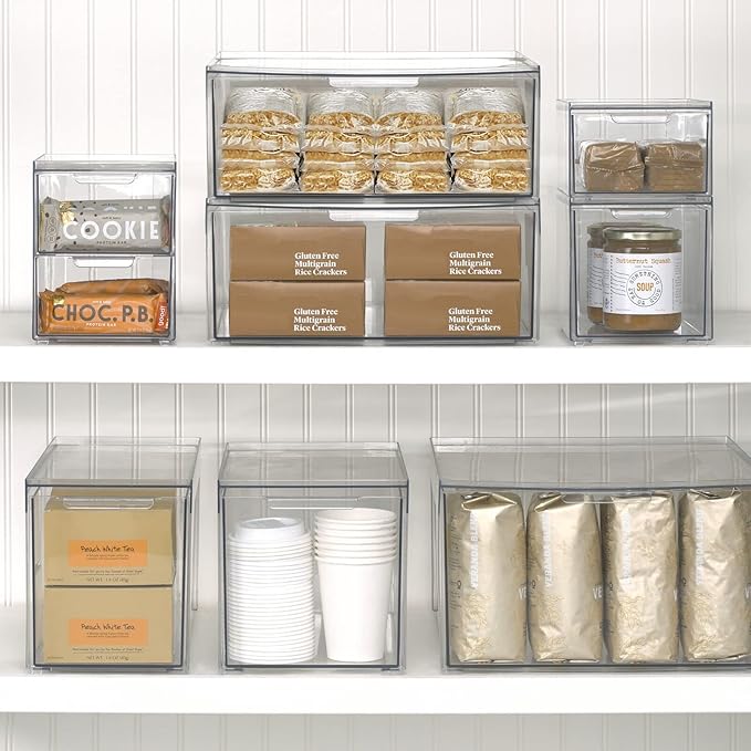 mDesign Stackable Storage Containers Box with 2 Pull-Out Drawers - Stacking Plastic Drawer Bins for Master or Guest Bathroom, Linen Closet, Vanity, or Makeup Table - Lumiere Collection -Clear