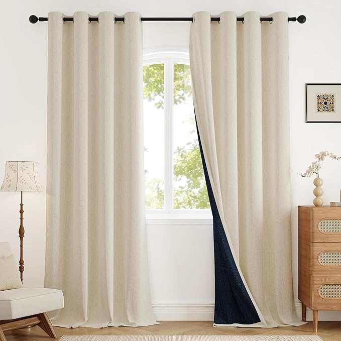 Blackout Curtains for Bedroom 90 inch Length 2 Panels Set, Farmhouse Linen-Look Textured Full Light Blocking Room Darkening Thermal Insulated Drapes for Living Room (W52xL90, Cream)