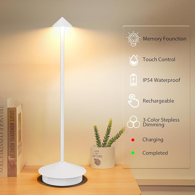 2-Pack 6000mAh Rechargeable Led Table Lamp Cordless,3000K-6000K Stepless Dimming Touch Lamps with Memory Function,IP54 Waterproof Aluminum Table Light for Outdoor/Bars/Restaurant/Patio(White)