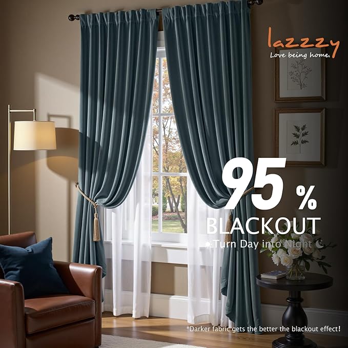 Lazzzy Blackout Velvet Blue Curtains 96 Inches Long Thermal Insulated Room Darkening Lined Curtain Drapes Luxury Back Tab Window Treatments for Bedroom Living Room 2 Panels, 52 x 96 Inch, Aegean Blue