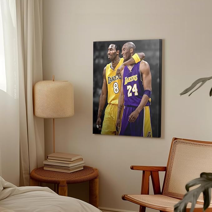 Kobe Bryant Canvas Wall Art Print Poster, Iconic Basketball Player Dual-Era Tribute Artwork, No. 8 and No. 24 Jersey Mamba Mentality Wall Decor for Home Gym Dorm Office Living Room, Framed 24x30inch