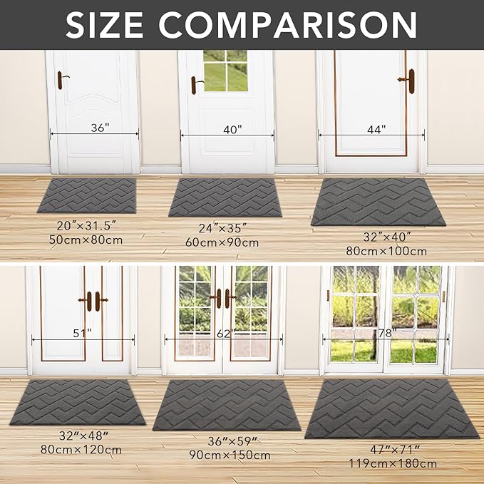 hicorfe Indoor Door Mat,Non Slip Door Mats,32"x48" Front Back Door Mat Rubber Backing,Absorbent Resist Dirt Entrance Inside Floor Mats for Entryway Washable Low-Profile(Grey)