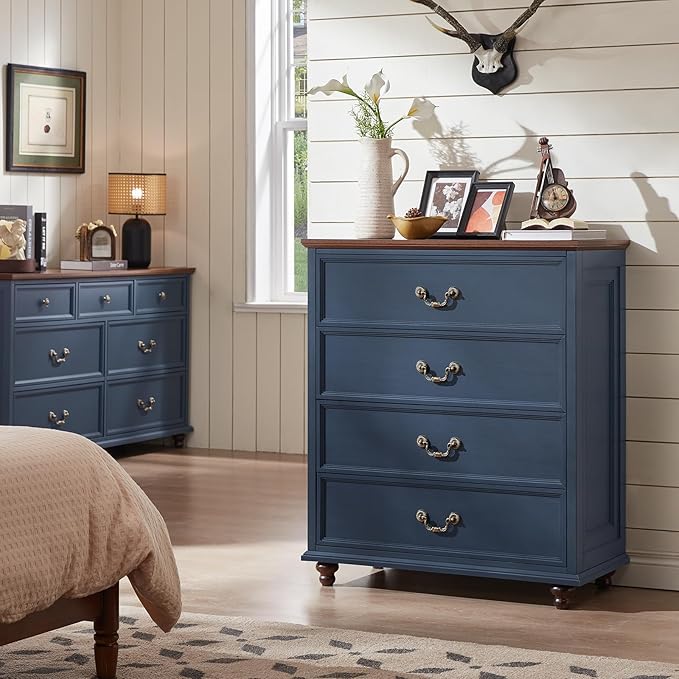 Farmhouse 4 Drawer Dresser Set of 2 for Bedroom, 37" Tall Rustic Chests of Drawers w/ 4 Solid Wood Feet, Mid Century Vintage Wooden Closet Storage Dressers Organizer for Living Room, Navy Blue