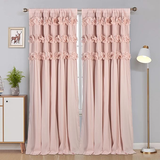 Luxurious Peach Pink Blackout Curtains with 3 Rows of Handmade Butterfly Flower Ruffles, Room Darkening and Soundproof Window Curtain 52" W x 96" L x 2 Panels, Machine Washable(LQ-37)
