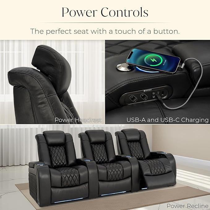 Seatcraft Diamante Zero-Gravity CoolZero Italian Leather Home Theater Seating, Power Headrest, Power Recline, Row of 3 Left Loveseat, Black