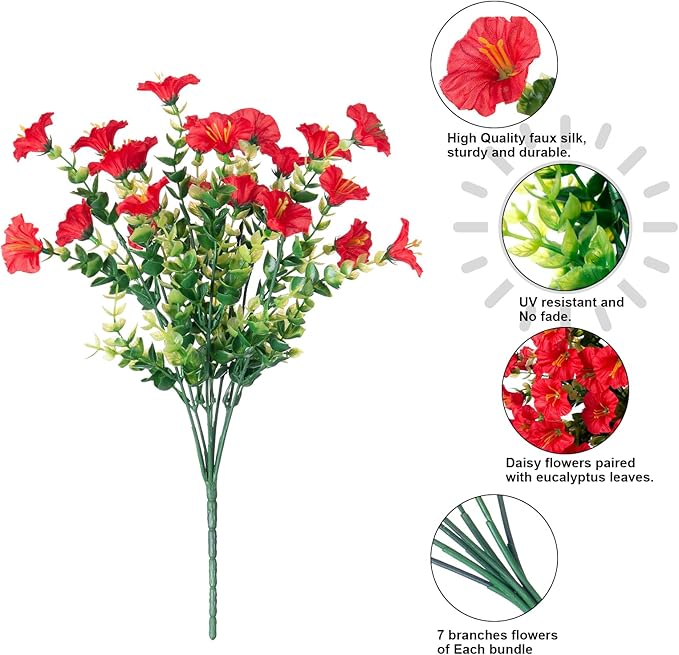 Artificial Flowers Fake Plants for Outdoors Decoration, 12 Bundles Red Silk Morning Glory with Eucalyptus Realistic UV Resistant Faux Flowers Greenery for Outside Planter Yard Garden Home Indoor Patio