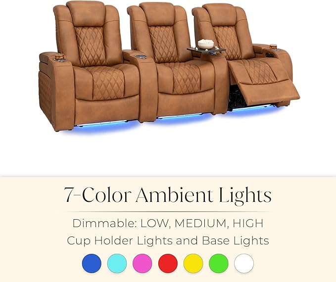 Seatcraft Diamante Zero-Gravity CoolZero Italian Leather Home Theater Seating, Power Headrest, Power Recline, Row of 3, Tawny