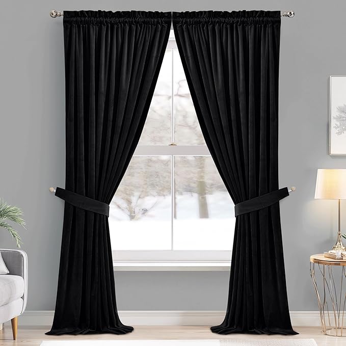 StangH Black Velvet Curtains 108 inches Long - Thermal Blackout Window Treatment Privacy Drapes with Dual Rod Pocket for Living Room/Basement Backdrops, 52 x 108 inches, 2 Panels