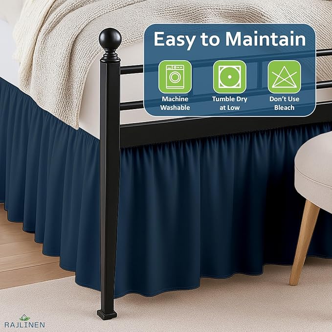 Rajlinen Ruffled Bed Skirt Full, 15 Inch Drop Dust Ruffle with Split Corners, 100% Microfiber Bedskirt with Platform, Three-Sided Coverage Ruffled Gathering Design, Navy Blue
