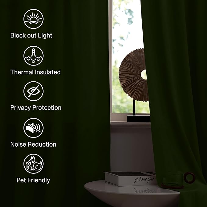 StangH Luxury Velvet Blackout Window Drapes Moss Green Curtains for Holiday Christmas Decoration, Soft Thermal Insulated Drapes for Loft/Dining Room, W42 x L96, 2 Panels