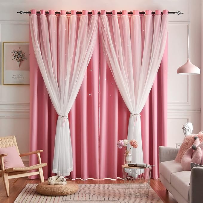 Stars Double Layer Blackout Curtains for Bedroom Kids, 72 Inches Long 2 Panels Set, Pink, 52 X 72 Inches
