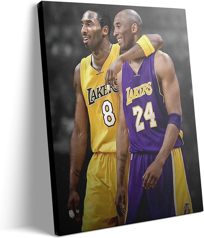 Kobe Bryant Canvas Wall Art Print Poster, Iconic Basketball Player Dual-Era Tribute Artwork, No. 8 and No. 24 Jersey Mamba Mentality Wall Decor for Home Gym Dorm Office Living Room, Framed 24x30inch