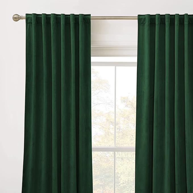 RYB HOME Hunter Green Velvet Curtains 72 inches Length - Blackout Thermal Insulated Drapes Window Treatment Luxury Solid Decor for Home Office Study Room, W52 x L72 inches, 2 Panels