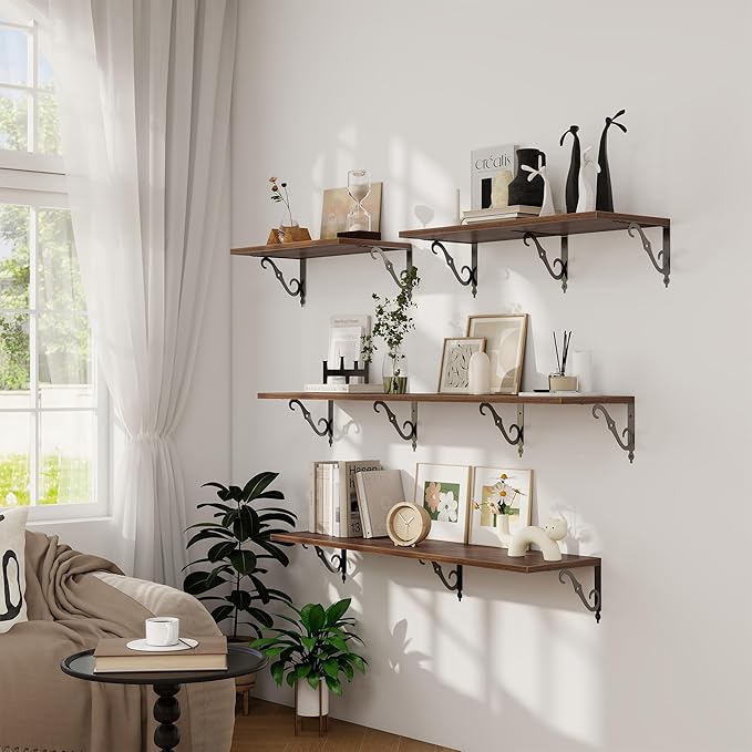 Dreamland Deep Floating Shelves, 40" W x 12" D Wall Shelves Set of 2, Wide Display Shelf Wall Mounted with Brackets, Bookshelf for Living Room, Bathroom, Bedroom, Walnut