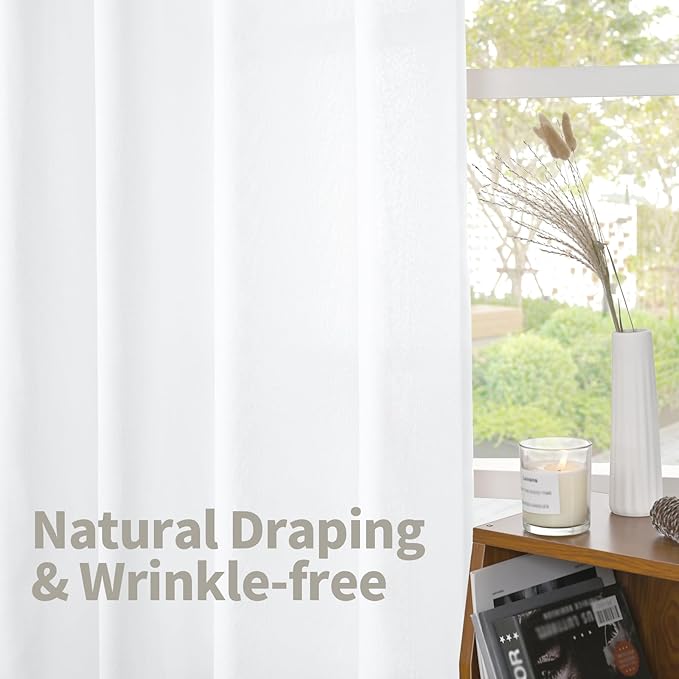 YoungsTex 40 Inches Long Short White Linen Curtains for Kitchen Cafe Window, Semi Sheer Drapes with Bronze Grommet Light Filtering for Bedroom Bathroom, 2 Panels, 42 X 40 Inch