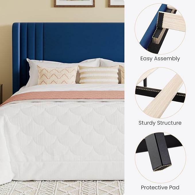 SHA CERLIN Full Size Velvet Upholstered Platform Bed Frame with Vertical Channel Tufted Wingback Headboard, Wooden Slats Support, Easy Assembly, Under Bed Storage, No Box Spring Required, Blue