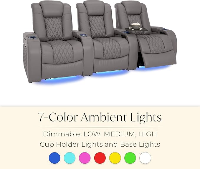Seatcraft Diamante Zero-Gravity CoolZero Italian Leather Home Theater Seating, Power Headrest, Power Recline, Row of 2, Gray