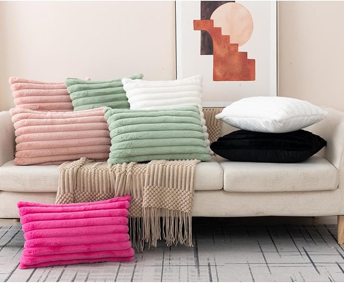 ZLINA Set of 2 Light Green Faux Fur Decorative Throw Pillow Covers Fluffy Striped Pillowcase Cushion Covers 26 x26 Inch Decor Sofa Couch Bedroom