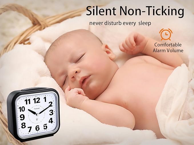 5.5" Large No Ticking Analog Alarm Clock,Silent Readable for Seniors,Easy to Set,Gradual Rise Alarm,Big Numbers,Gentle Wake,Snooze, Lighted on Demand,Battery Operated,Black