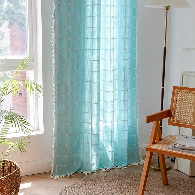 Sutuo Home Boho Curtains 96 Inches Long for Bedroom Living Room, Semi Blackout Linen Plaids Farmhouse Tassels Window Treatment Bohemian Embroidery Drape,Rod Pocket 1 Panel 52" W x 96" L, Aqua Blue