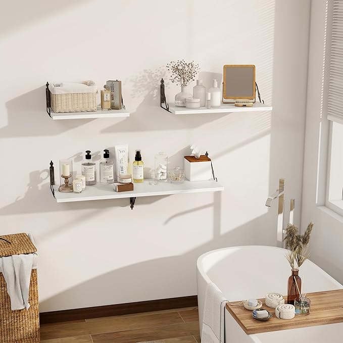 Dreamland Deep Floating Shelves, 16" W x 12" D Wall Shelves Set of 2, Wide Display Shelf Wall Mounted with Brackets, Bookshelf for Living Room, Bathroom, Bedroom, White