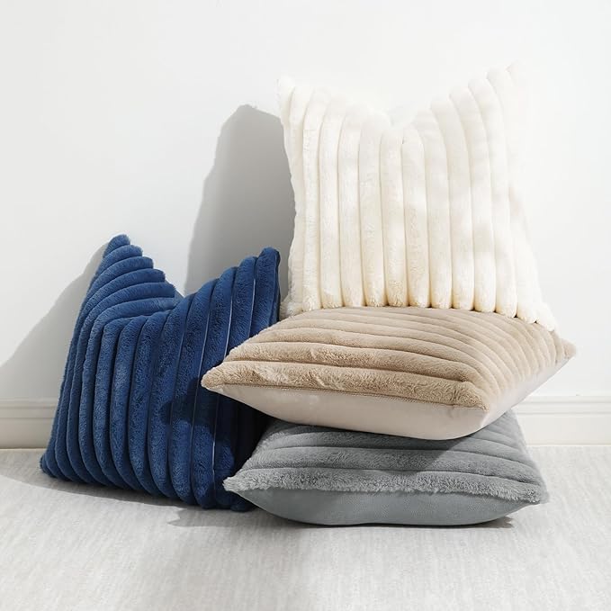 decorUhome Faux Fur Spring Throw Pillow Covers 16x16 Set of 2, Decorative Soft Plush Striped Neutral Couch Pillow Covers with Velvet Back for Sofa, Bed, Living Room Home, Grey