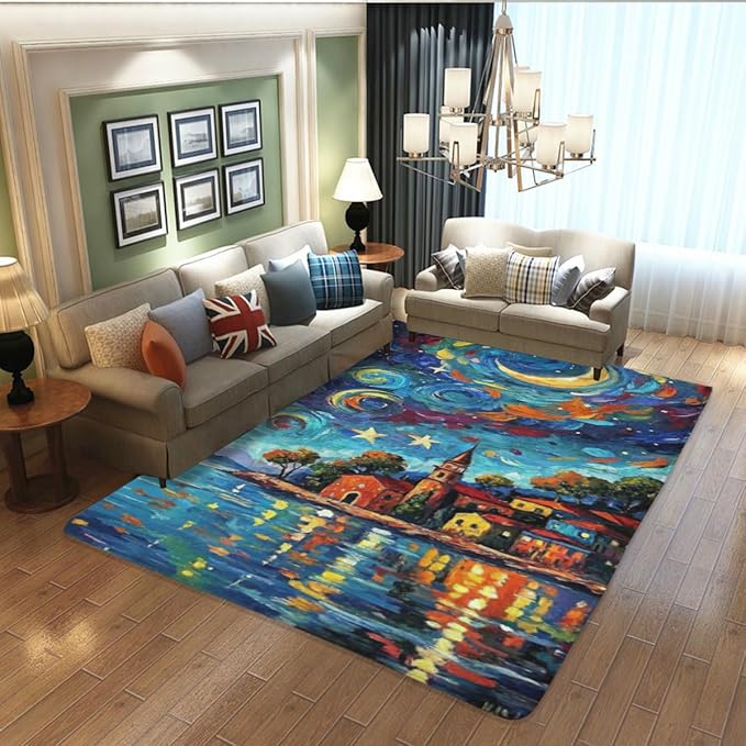 Machine Washable 2' x 3' Seaside Villages and Churches Area Rug, Bule Floor mat, Suitable for bedrooms, Girls' Room Bedside, Living Room, Dining Room, Office, Non-Slip Low-Pile Night Sky Carpet