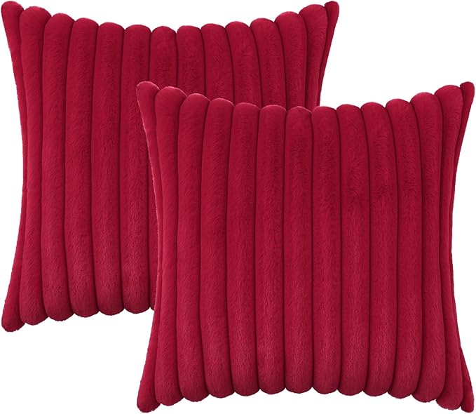 decorUhome Faux Fur Spring Throw Pillow Covers 20x20 Set of 2, Decorative Soft Plush Striped Neutral Couch Pillow Covers with Velvet Back for Sofa, Bed, Living Room Home, Red
