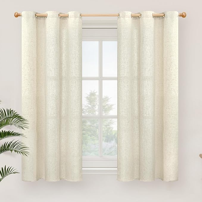 YoungsTex 45 Inch Length Beige Linen Curtains for Kitchen Windows, Short Light Filtering Drapes with Grommet Semi Sheer Privacy for Bathroom Living Room Window, 2 Panels, 42 X 45 Inch