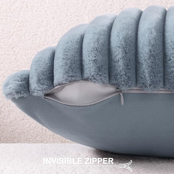 Pallene Faux Fur Plush Throw Pillow Covers 26x26 Set of 2, Luxury Soft Fluffy Striped Decorative Pillow Covers for Sofa, Couch, Living Room, Blue Grey