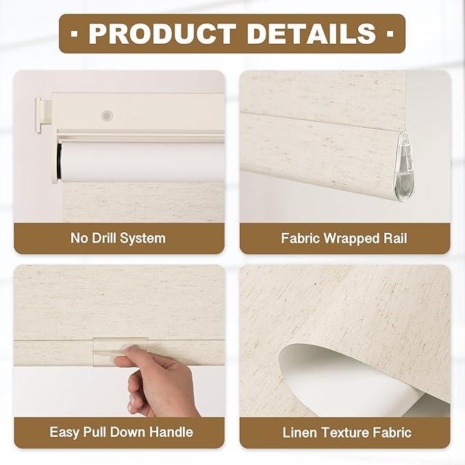 HESTIA No Drill Cordless Blackout Roller Shades Screwless Waterproof Shower Window Blinds, Auto-Retraction Easy Install Blind for Bedroom/Living Room/Kitchen, Cream Linen, 47" W x 72" H